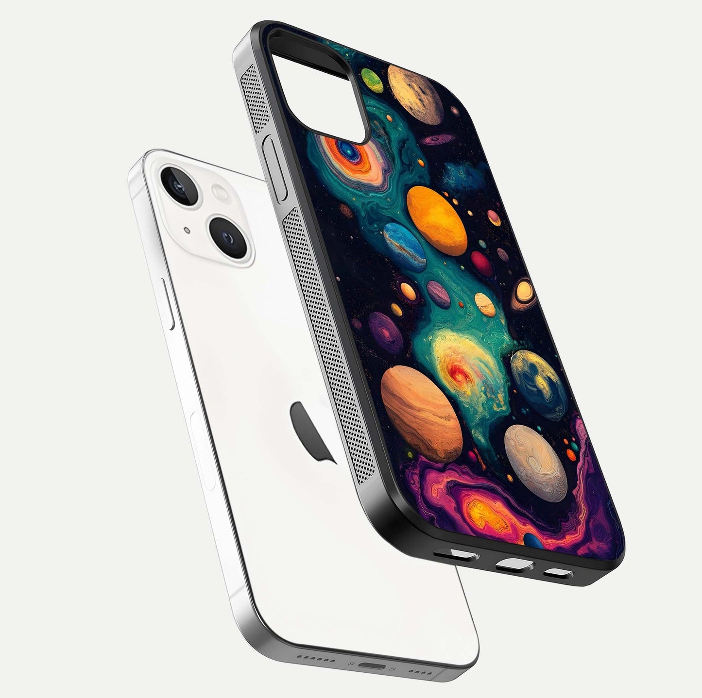 Cosmic Planet Journey Glass Case for iPhone 14 floating mockup showing gloss gradient and deep shine