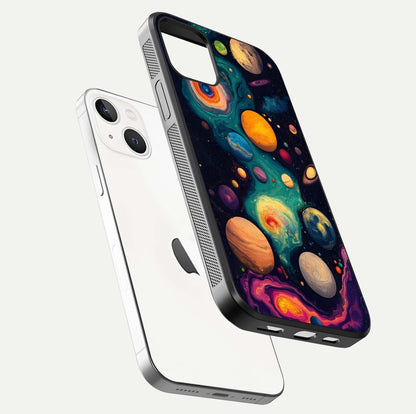 Cosmic Planet Journey Glass Case for iPhone 14 floating mockup showing gloss gradient and deep shine