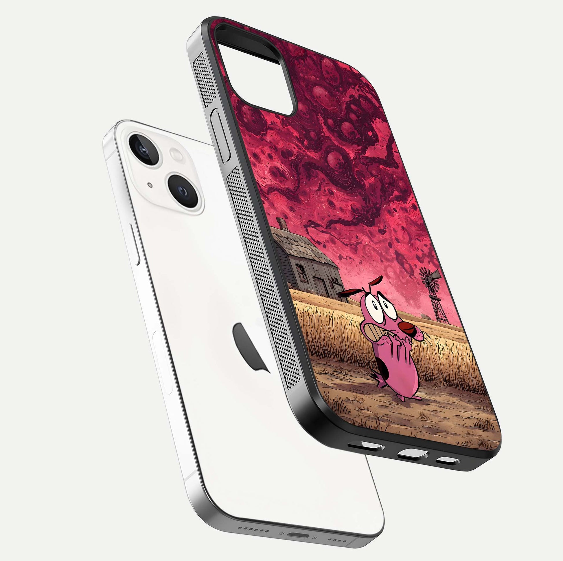 Courage Under Sky Glass Case for iPhone 14 floating mockup showing shine reflection and clean edges