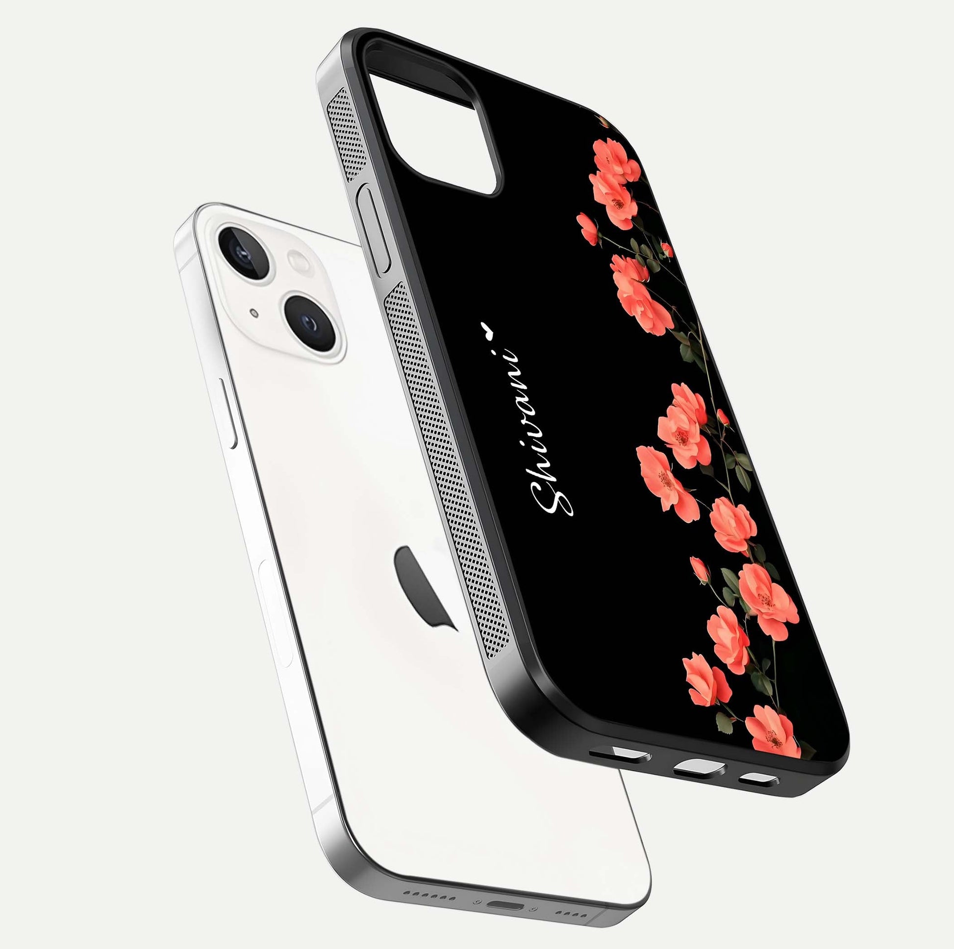 Crimson Bloom Grace Custom Name Glass Case for iPhone 14 floating mockup showing HD gloss and floral tones