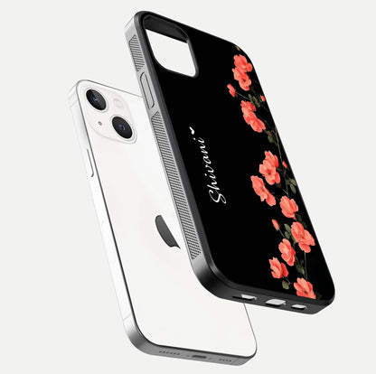 Crimson Bloom Grace Custom Name Glass Case for iPhone 14 floating mockup showing HD gloss and floral tones