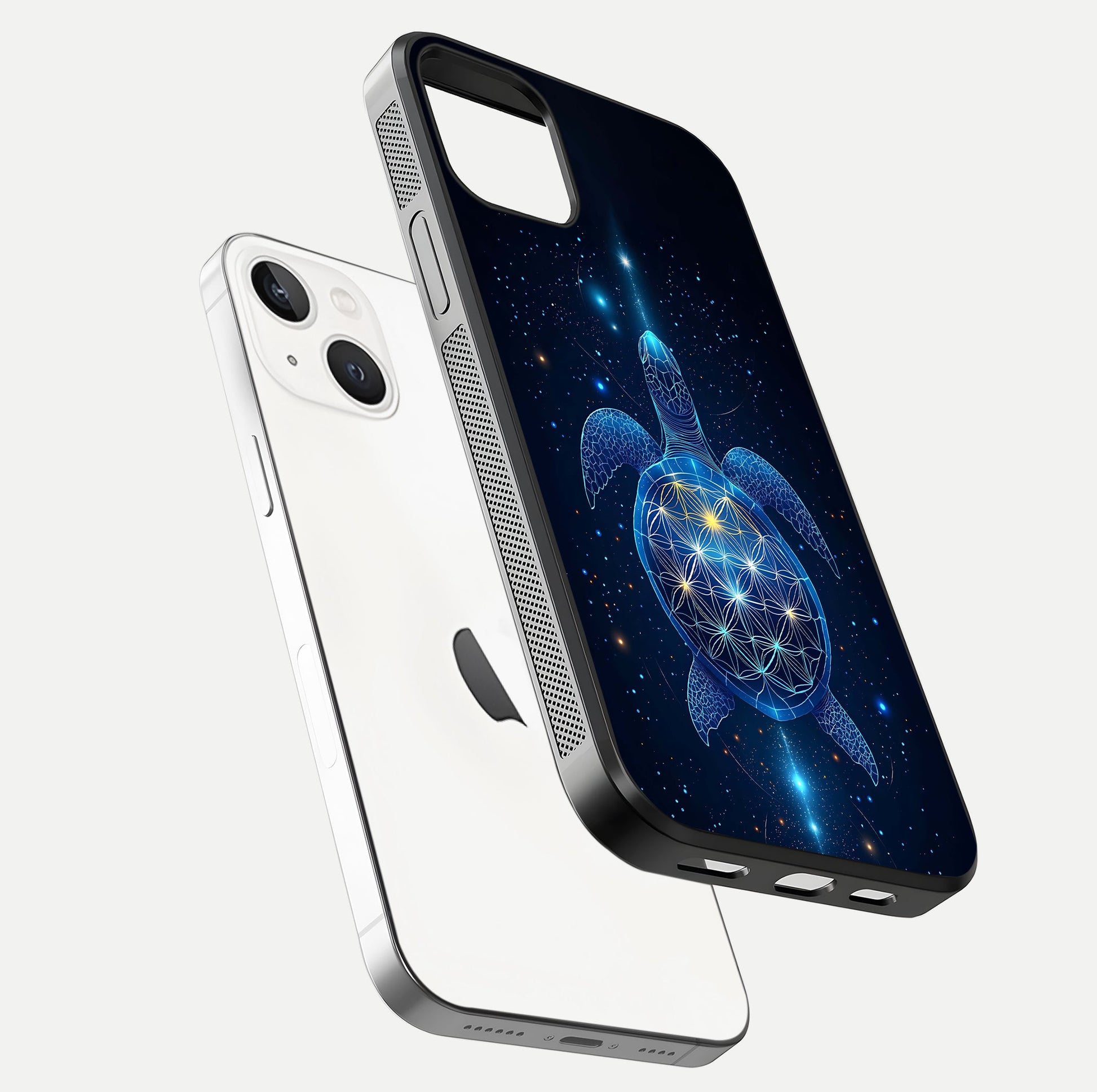 Crimson Blue Turtle Glass Case for iPhone 14 floating mockup showing reflection polish and deep hues