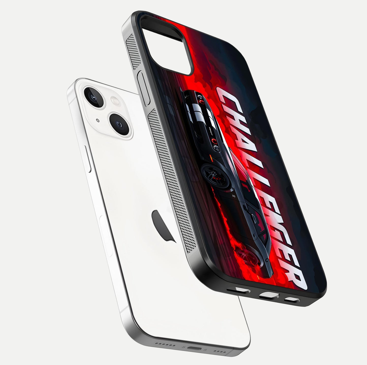 Crimson Challenger Fury Glass Case for iPhone 14 floating mockup showing HD gloss and sleek shine