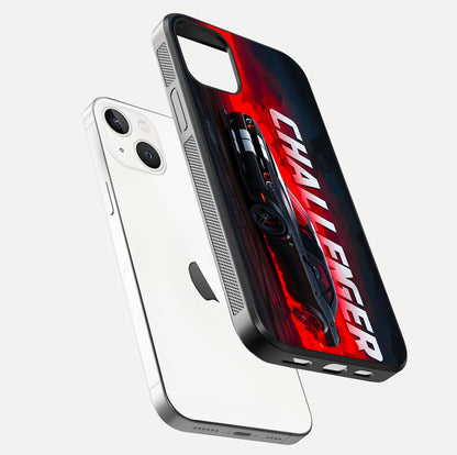 Crimson Challenger Fury Glass Case for iPhone 14 floating mockup showing HD gloss and sleek shine