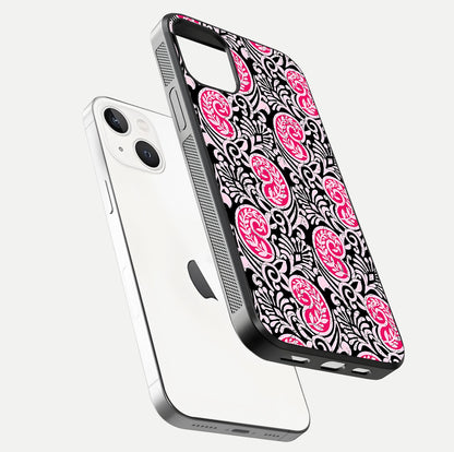Crimson Paisley Charm Glass Case for iPhone 14 floating mockup showing gloss shine and texture clarity