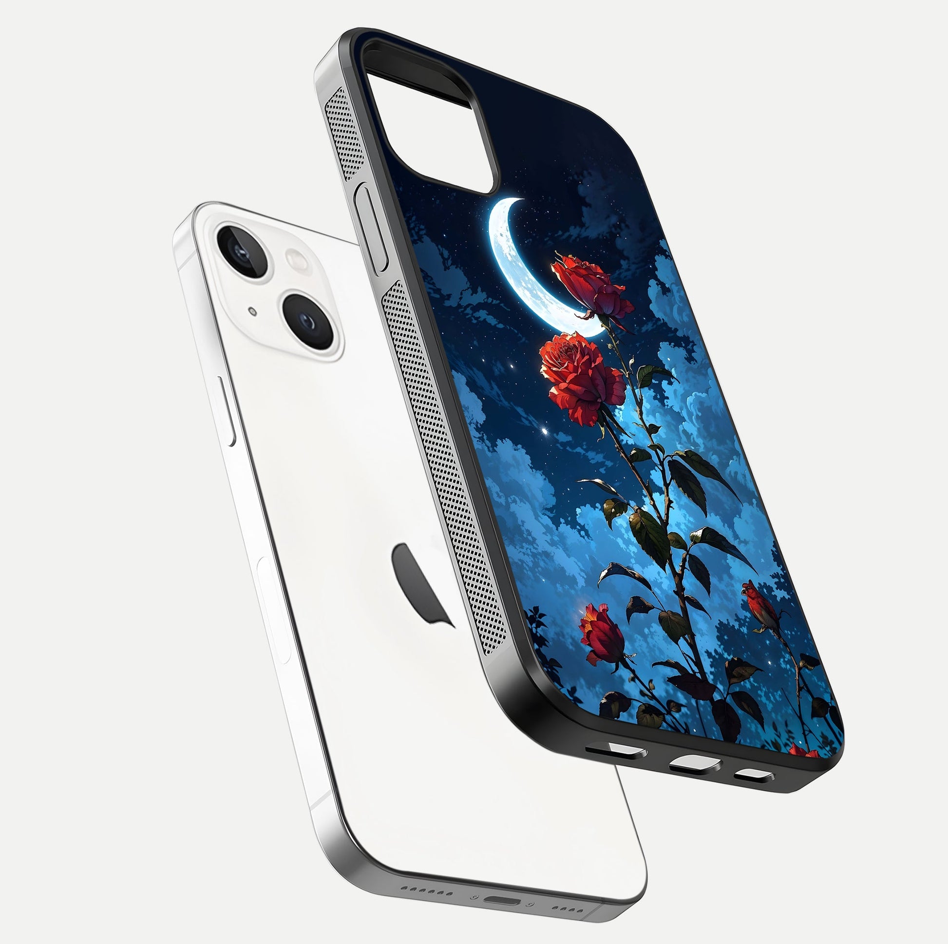 Crimson Rose Moon Glass Case for iPhone 14 floating mockup showing HD shine and elegant contrast