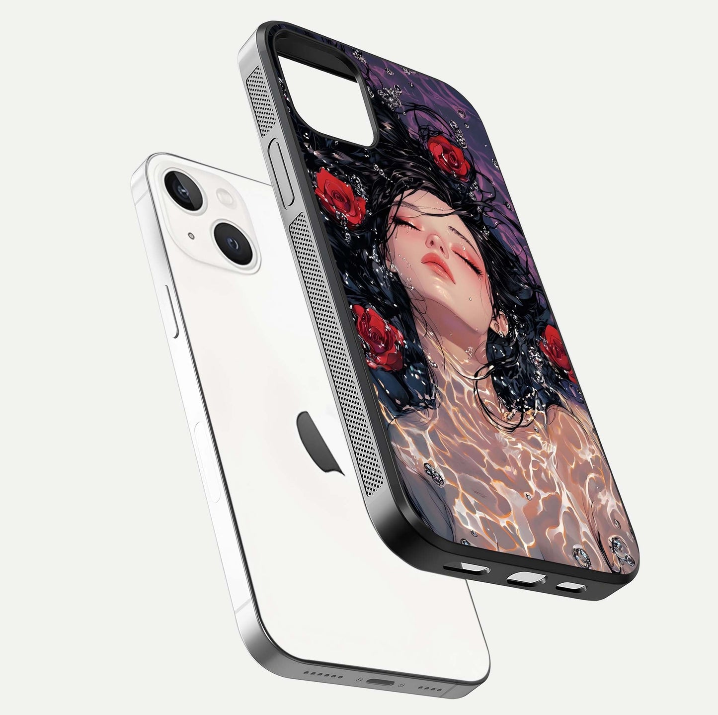 Crimson Rose Serenity Glass Case for iPhone 14 floating mockup showing HD gloss and floral texture