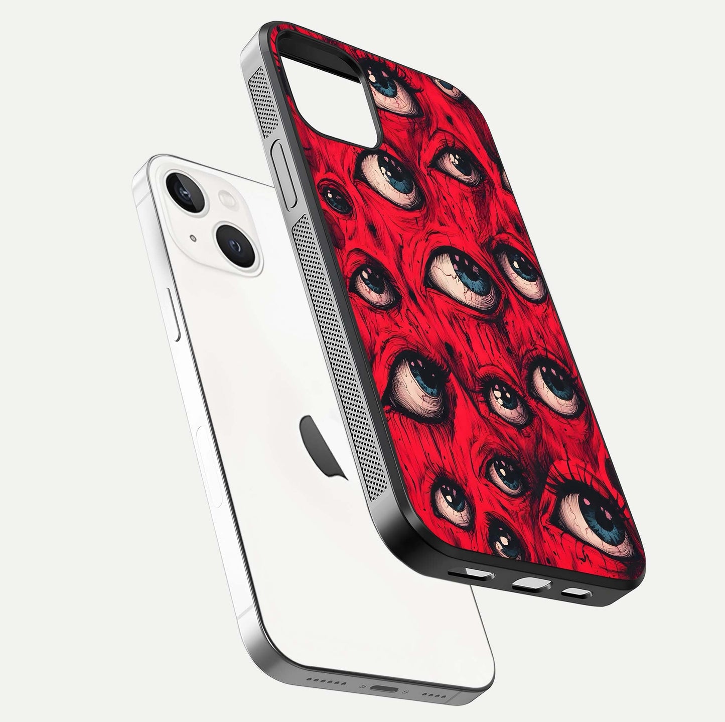 Crimson Watch Eyes Glass Case for iPhone 14 floating mockup showing HD polish and bright gloss