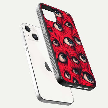 Crimson Watch Eyes Glass Case for iPhone 14 floating mockup showing HD polish and bright gloss