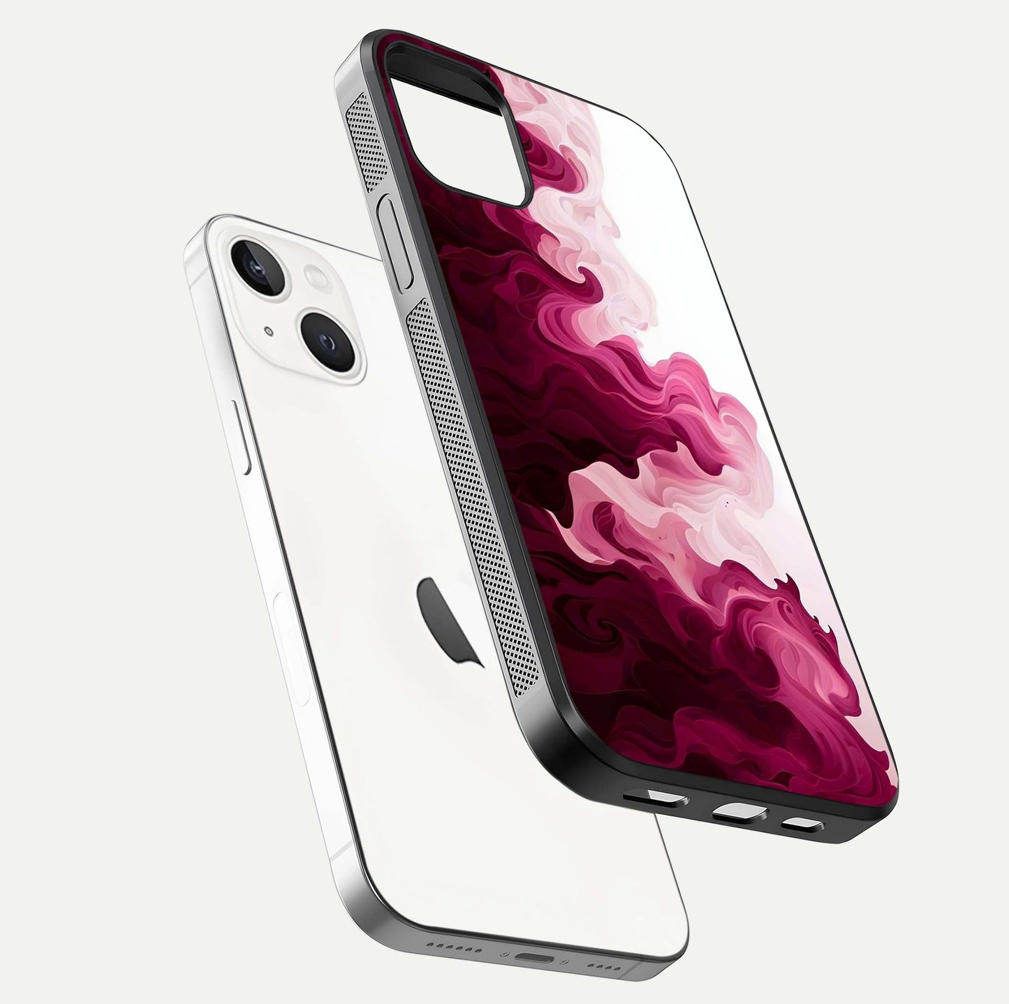 Crimson Wave Flow Glass Case for iPhone 14 floating mockup showing gloss shine and smooth edge