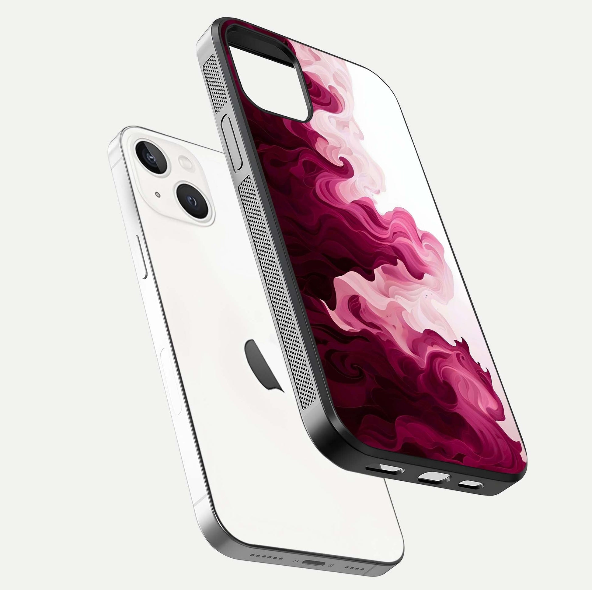 Crimson Wave Flow Glass Case for iPhone 14 floating mockup showing gloss shine and smooth edge