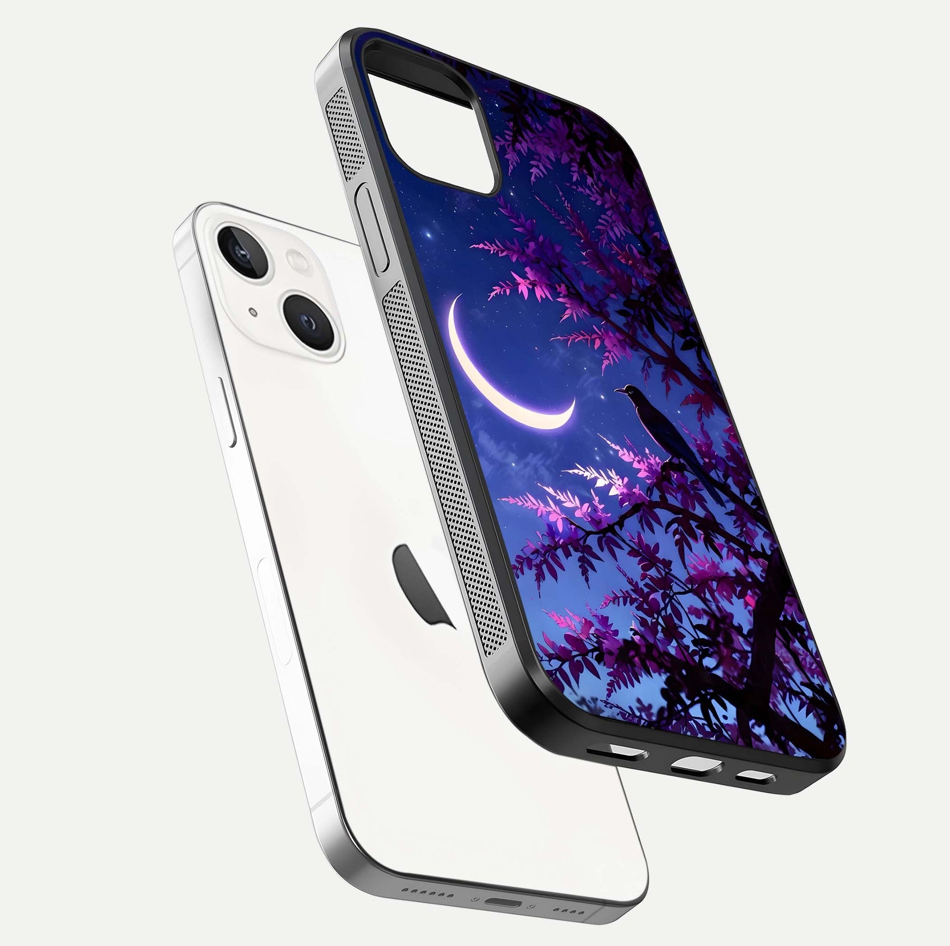 Crow & Moon Scenery Glass Case for iPhone 14 floating mockup showing HD gloss texture and soft moonlight glow