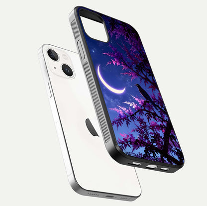 Crow & Moon Scenery Glass Case for iPhone 14 floating mockup showing HD gloss texture and soft moonlight glow