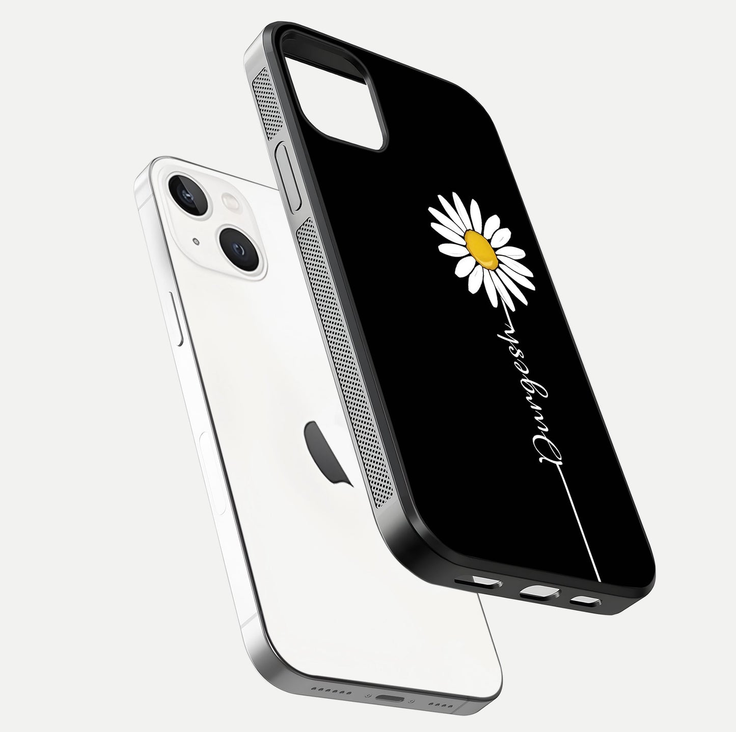 Custom Name White Flower Glass Case for iPhone 14 floating mockup displaying HD gloss and delicate texture