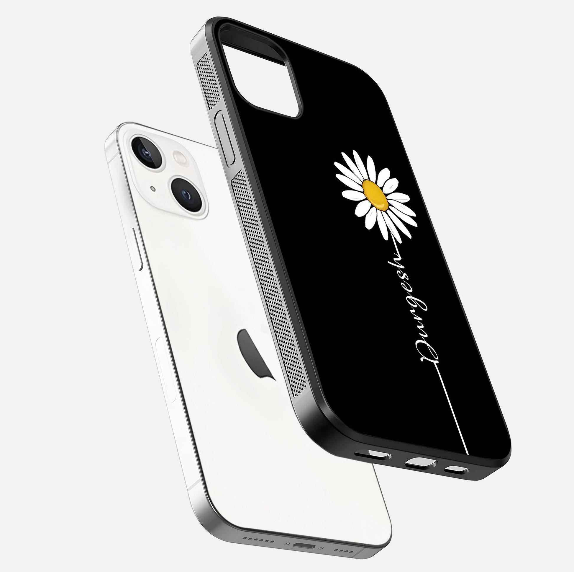 Custom Name White Flower Glass Case for iPhone 14 floating mockup displaying HD gloss and delicate texture