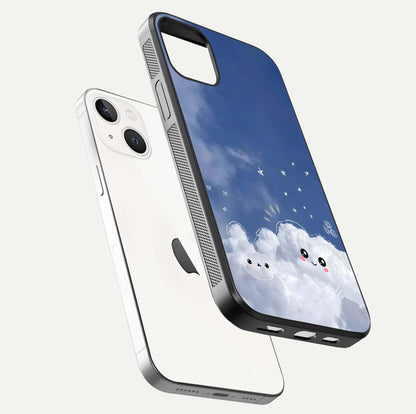 Cute Blossom Cloud Glass Case for iPhone 14 floating mockup showing HD shine and soft gradient finish