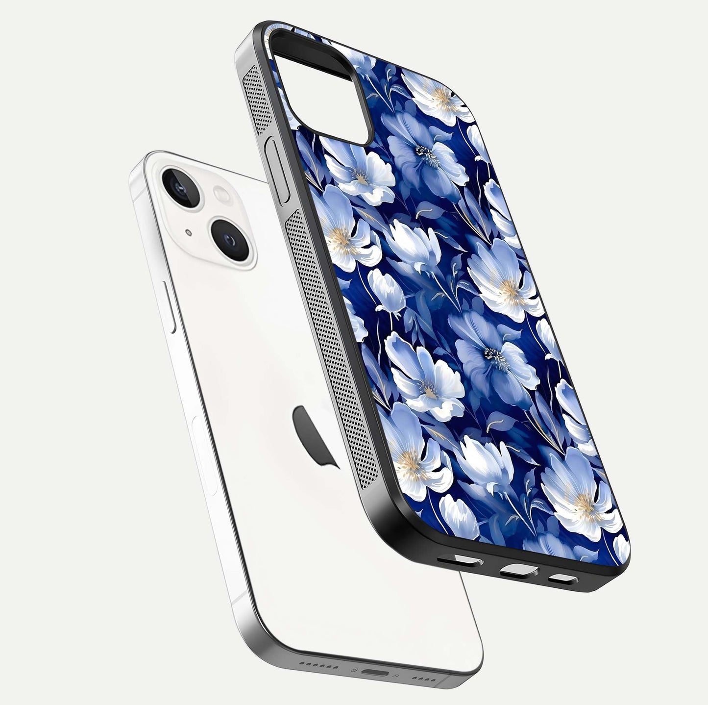 Cute Floral Patterns Glass Case for iPhone 14 floating mockup showing shine depth and design clarity
