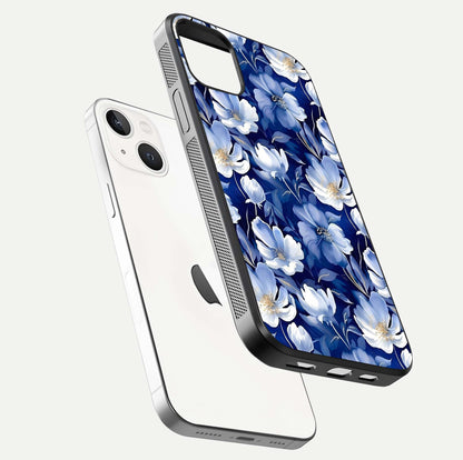 Cute Floral Patterns Glass Case for iPhone 14 floating mockup showing shine depth and design clarity
