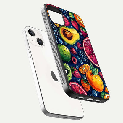 Cute Fruits Art Glass Case for iPhone 14 floating mockup showing gloss brightness and vivid artwork