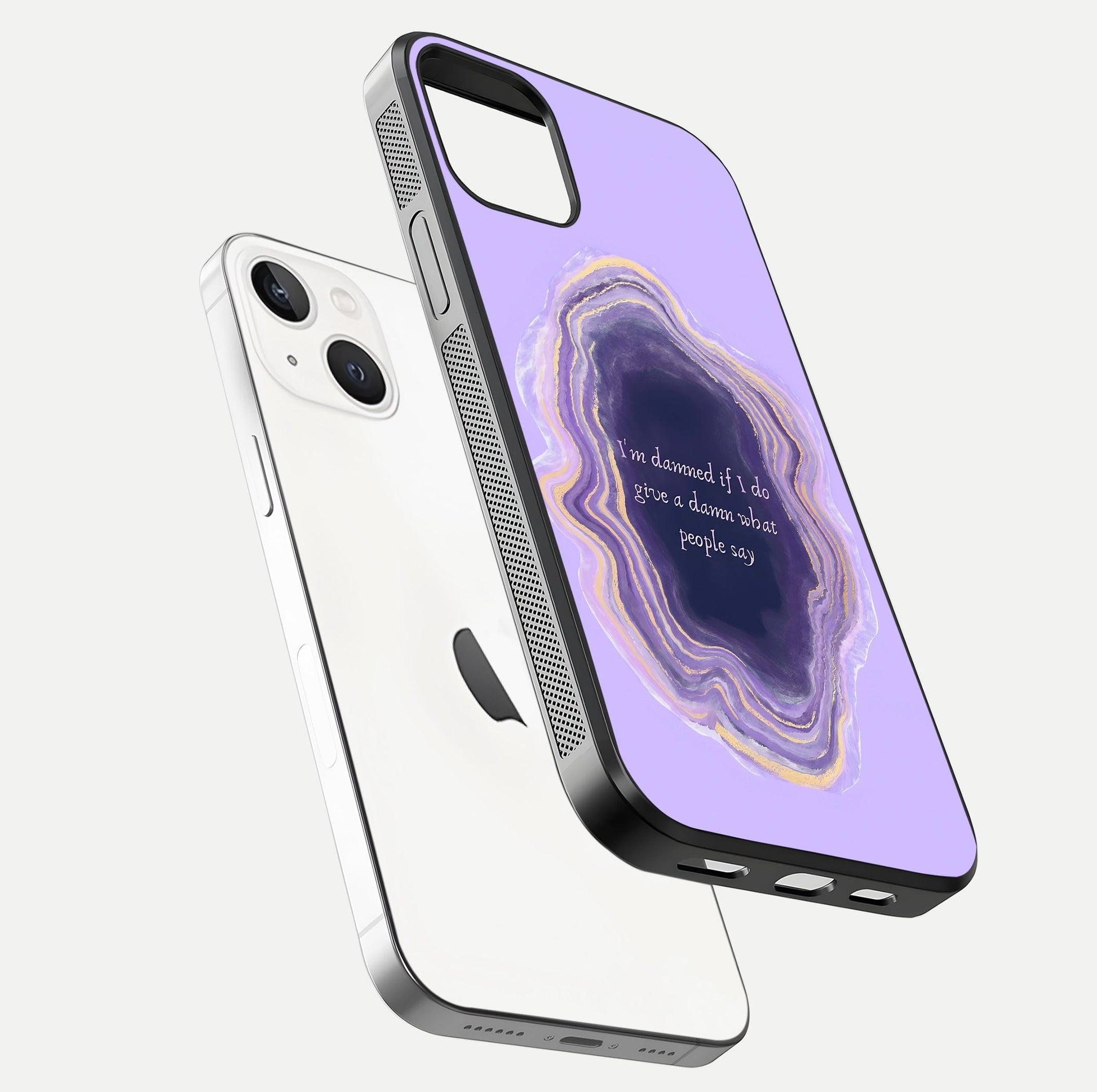 Damned People Quote Glass Case for iPhone 14 floating mockup showing gloss reflection and text balance
