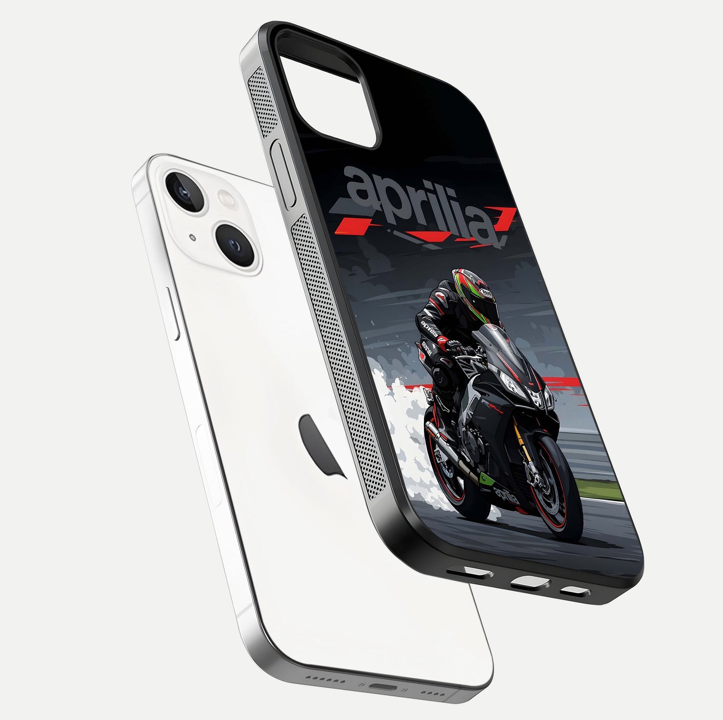 Dark Aprilla Glass Case for iPhone 14 floating mockup showing glossy contrast and texture clarity