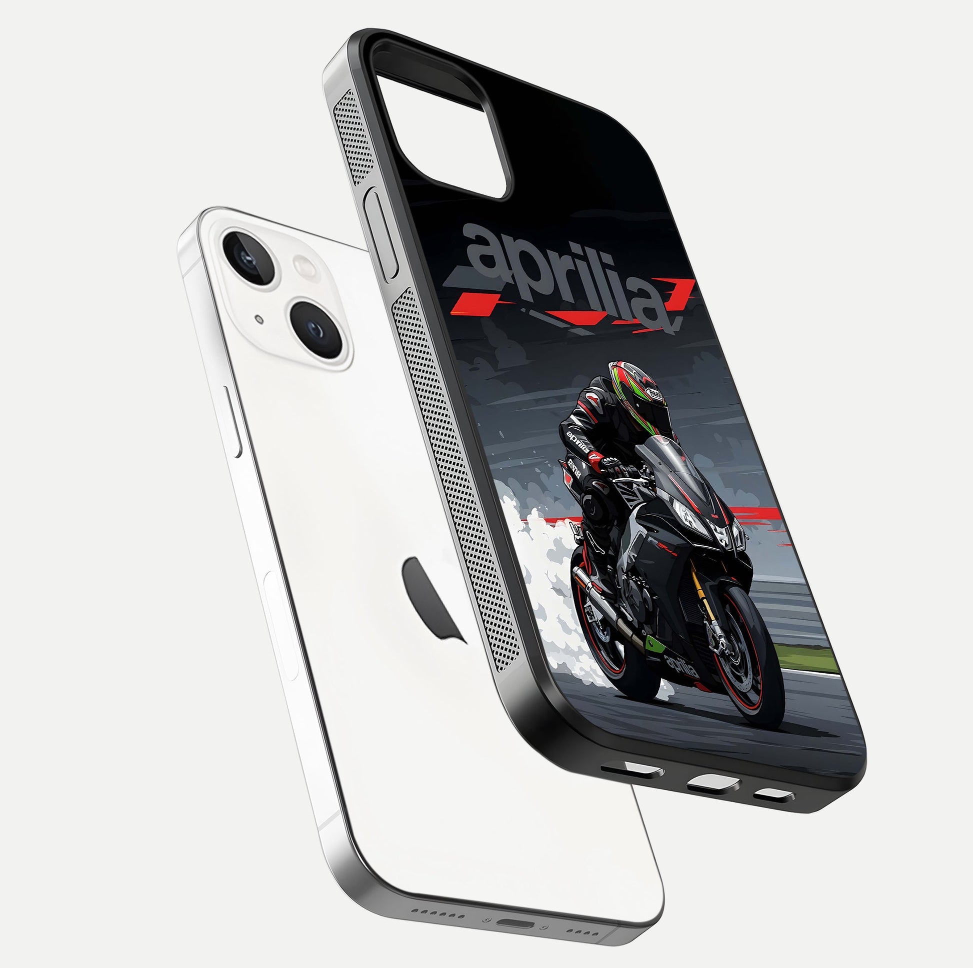 Dark Aprilla Glass Case for iPhone 14 floating mockup showing glossy contrast and texture clarity