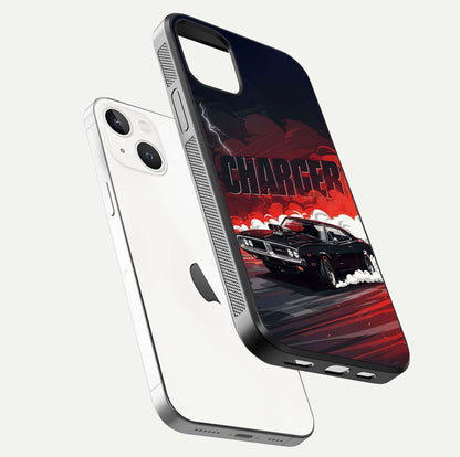 Dark Charger Fury Glass Case for iPhone 14 floating mockup showing reflection depth and shiny surface