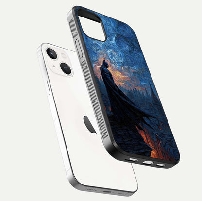 Dark Knight Dusk Glass Case for iPhone 14 floating mockup showing glossy depth and cinematic lighting