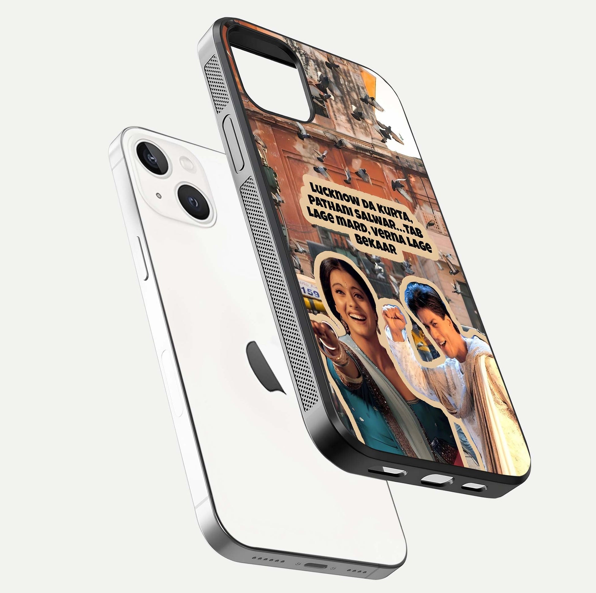 Desi Retro Vibes Glass Case for iPhone 14 floating mockup showing shine polish and vivid tones