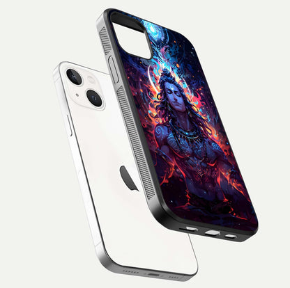 Divine Fire Shiv Glass Case for iPhone 14 floating mockup showing glow texture and gloss finish