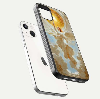 Divine Light Angel Glass Case for iPhone 14 floating mockup showing gloss texture and radiant light