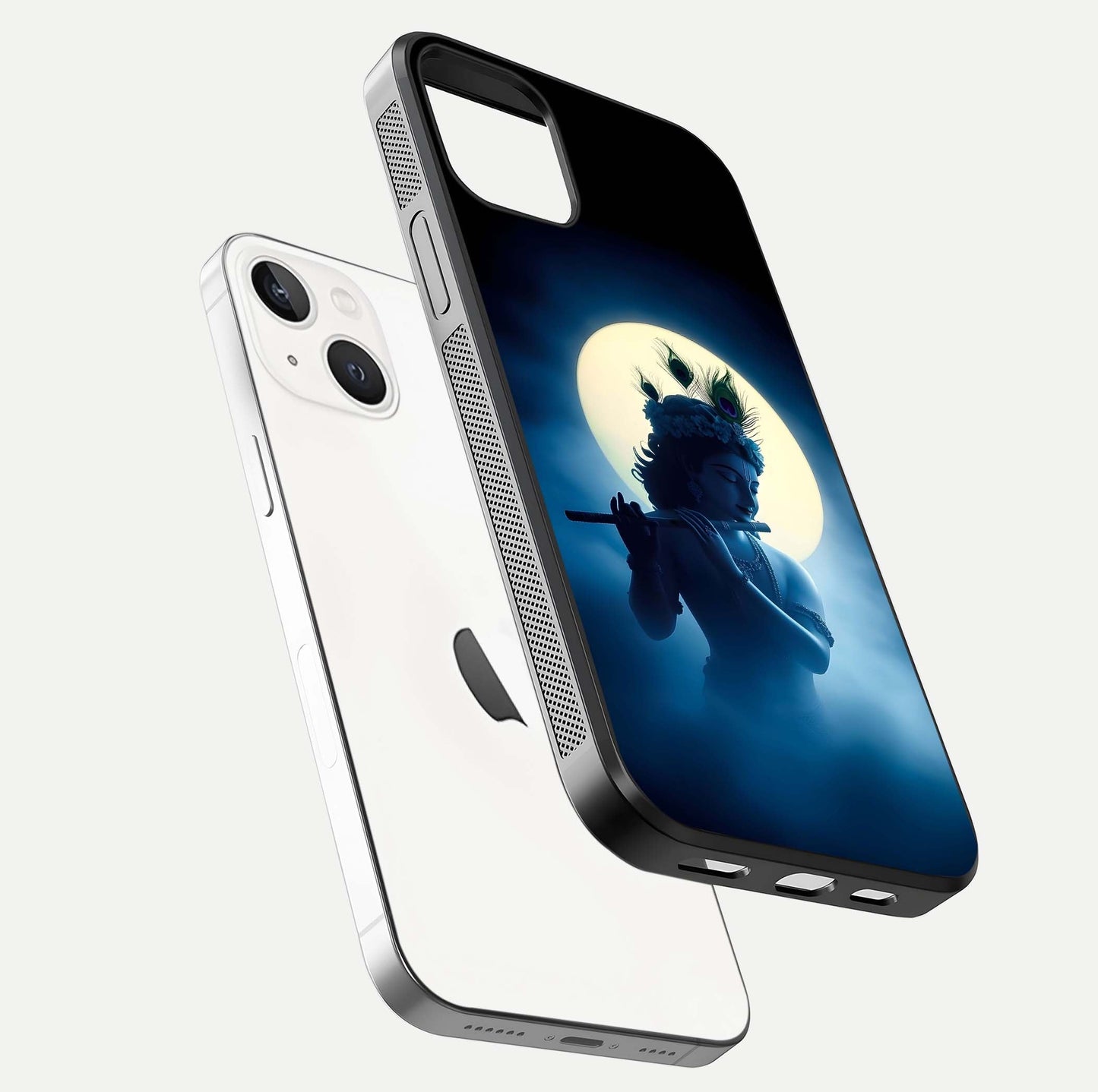 Divine Moon Flute Glass Case for iPhone 14 floating mockup showing HD gloss and luminous texture