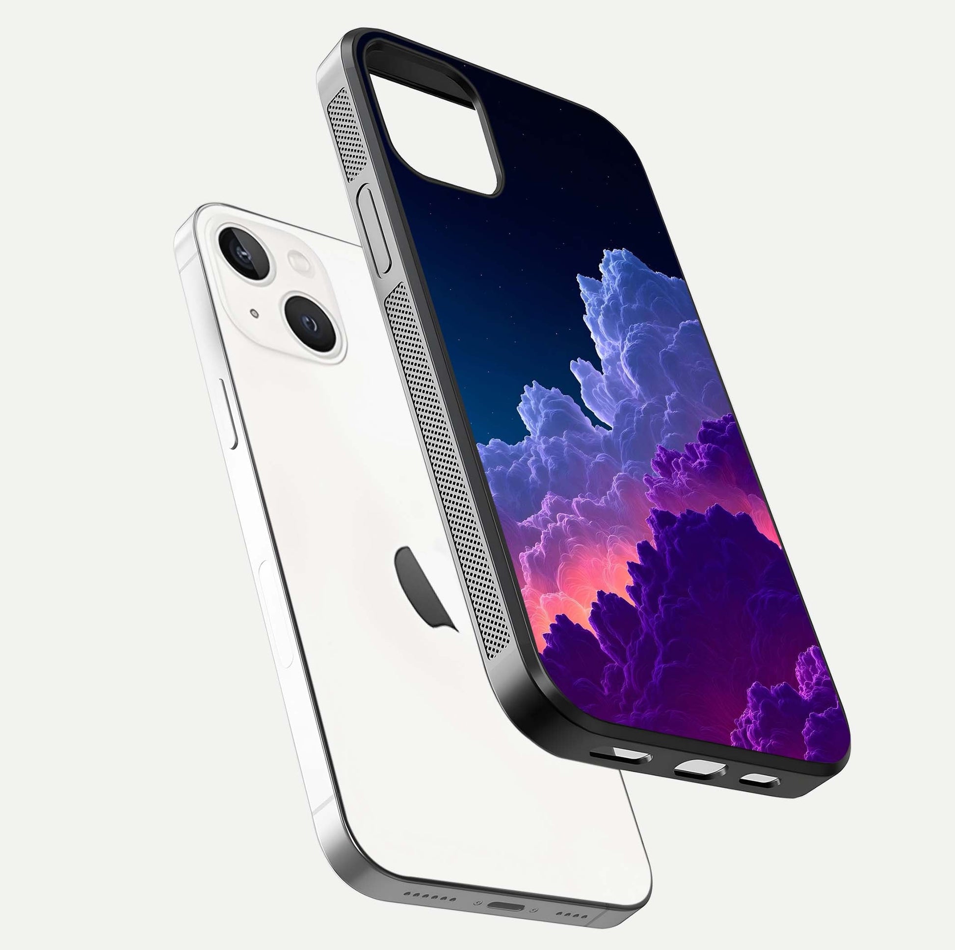 Dreamy Cloud Skies Glass Case for iPhone 14 floating mockup showing glossy depth and delicate tone