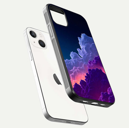 Dreamy Cloud Skies Glass Case for iPhone 14 floating mockup showing glossy depth and delicate tone