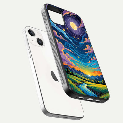 Dreamy Night Landscape Glass Case for iPhone 14 floating mockup showing glossy depth and serene color