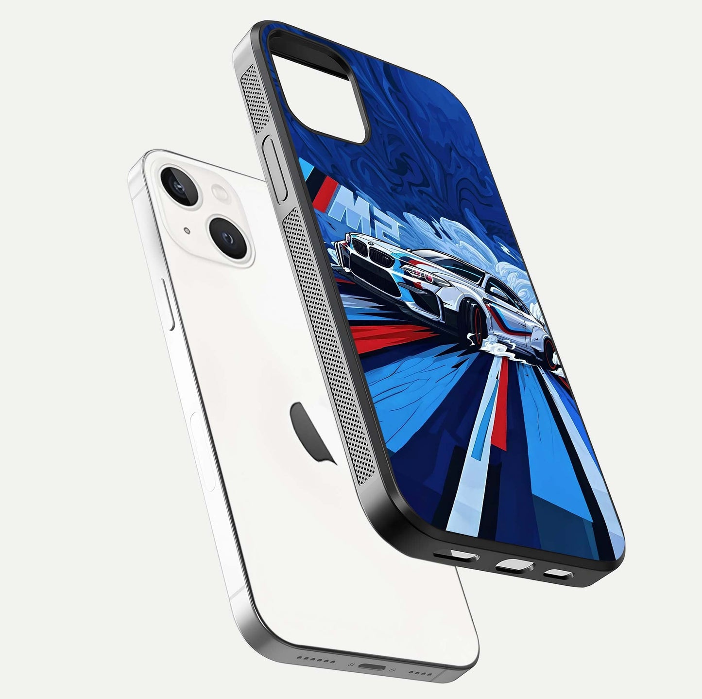 Drift Power Rush Glass Case for iPhone 14 floating mockup showing gloss polish and speed-theme design