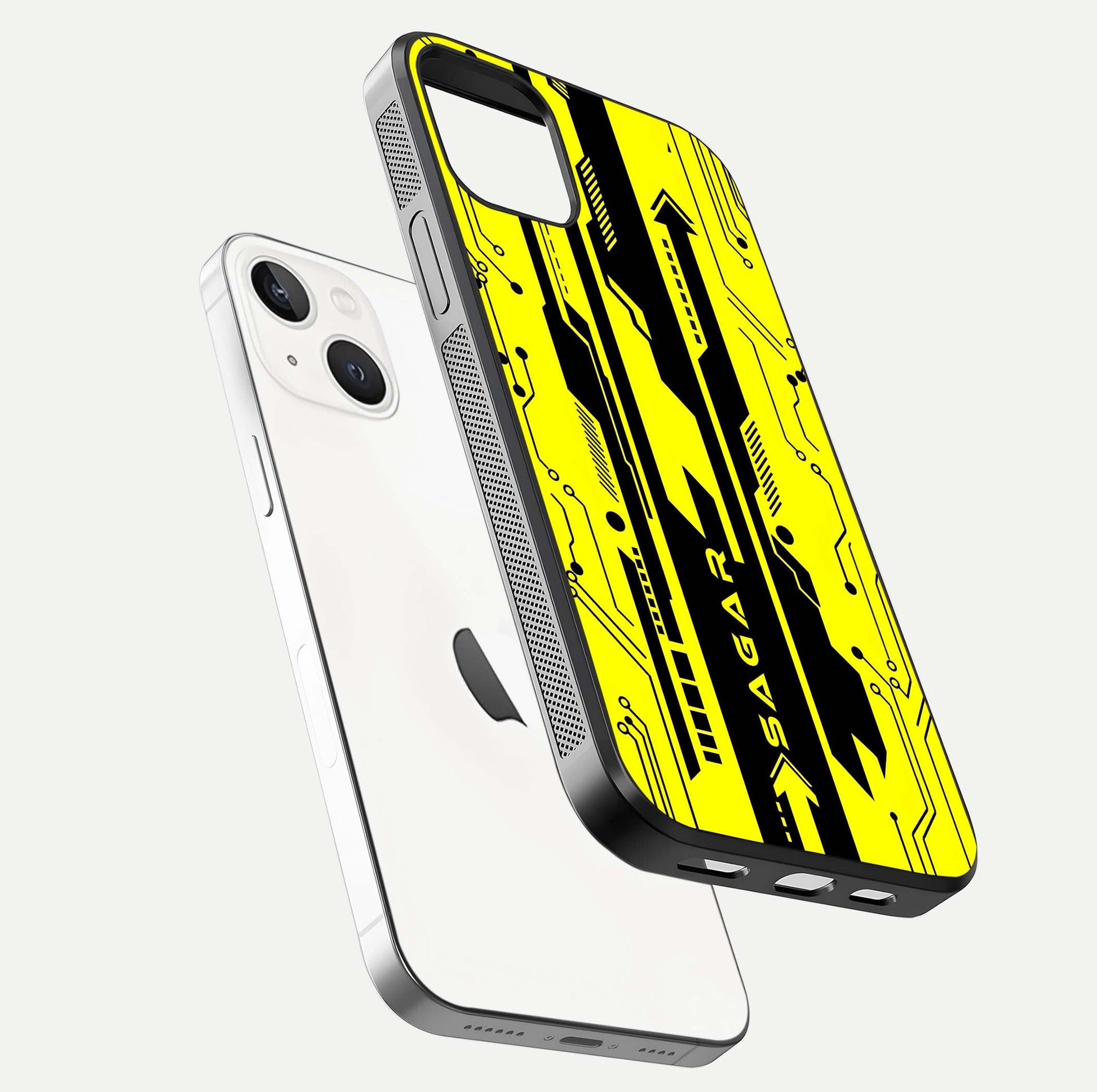 Electric Pulse CYBERPUNK Custom Name Glass Case for iPhone 14 floating mockup showing HD gloss and vibrant cyberpunk glow