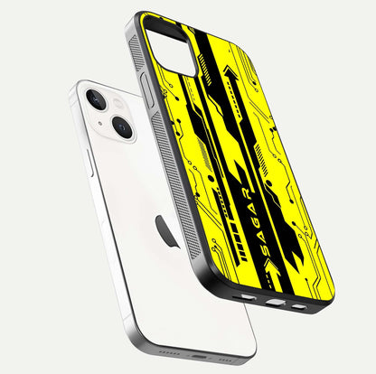 Electric Pulse CYBERPUNK Custom Name Glass Case for iPhone 14 floating mockup showing HD gloss and vibrant cyberpunk glow