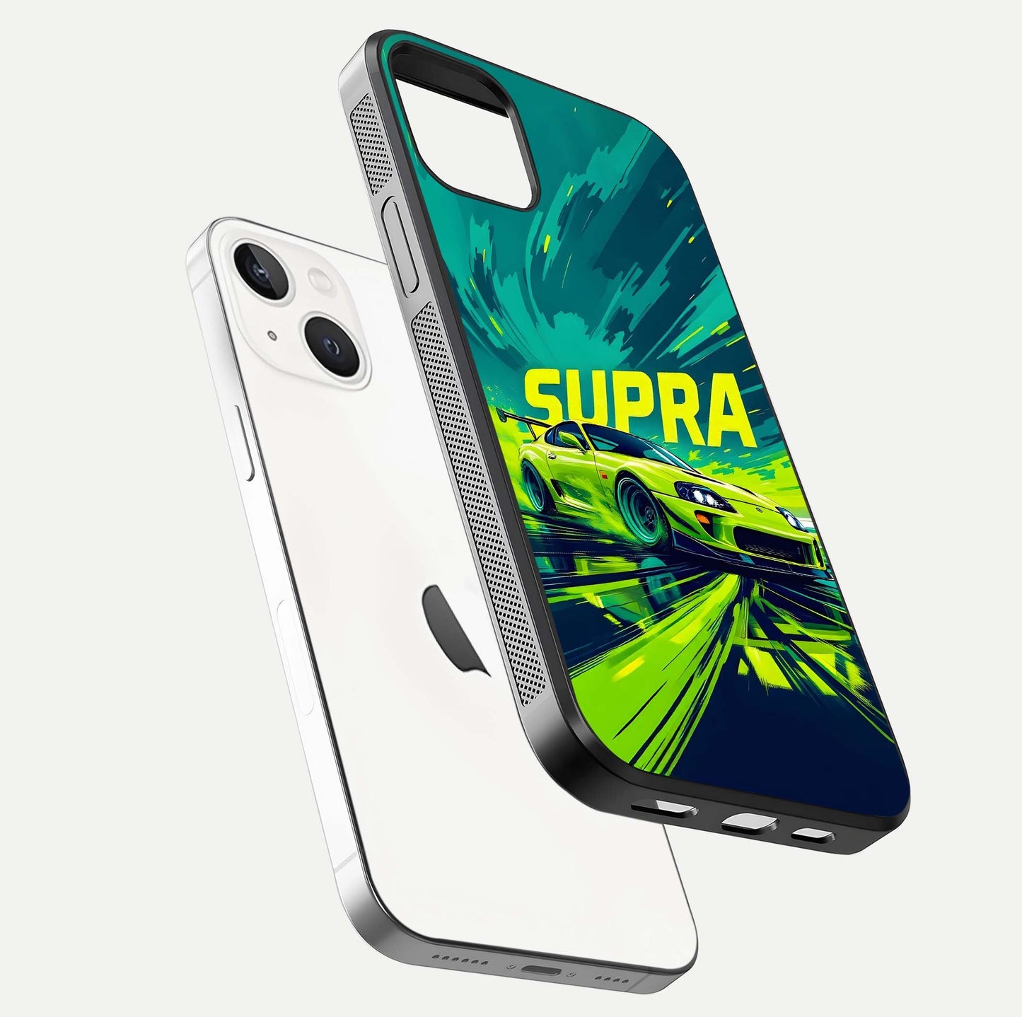 Electric Supra Thunder Glass Case for iPhone 14 floating mockup showing gloss depth and energy glow