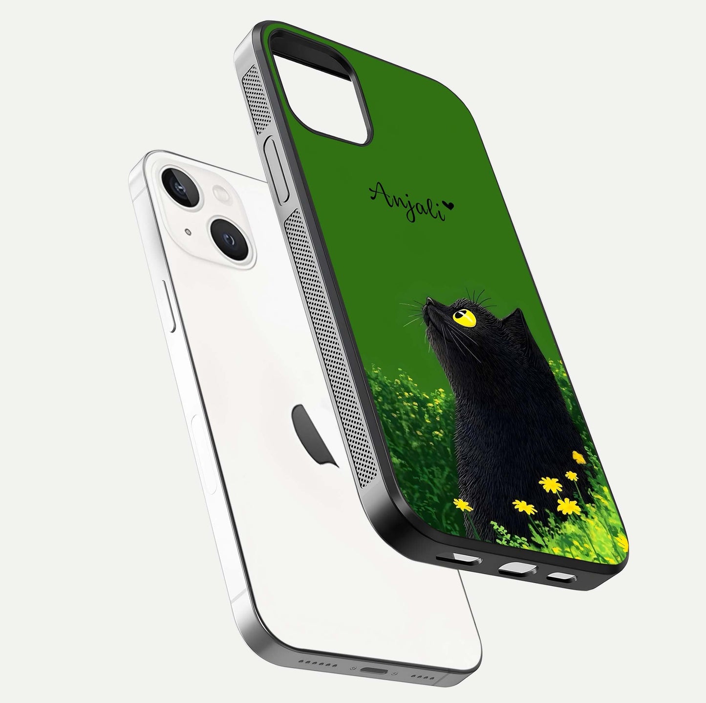 Emerald Cat Custom Name Glass Case for iPhone 14 floating mockup showing HD gloss and soft gradient