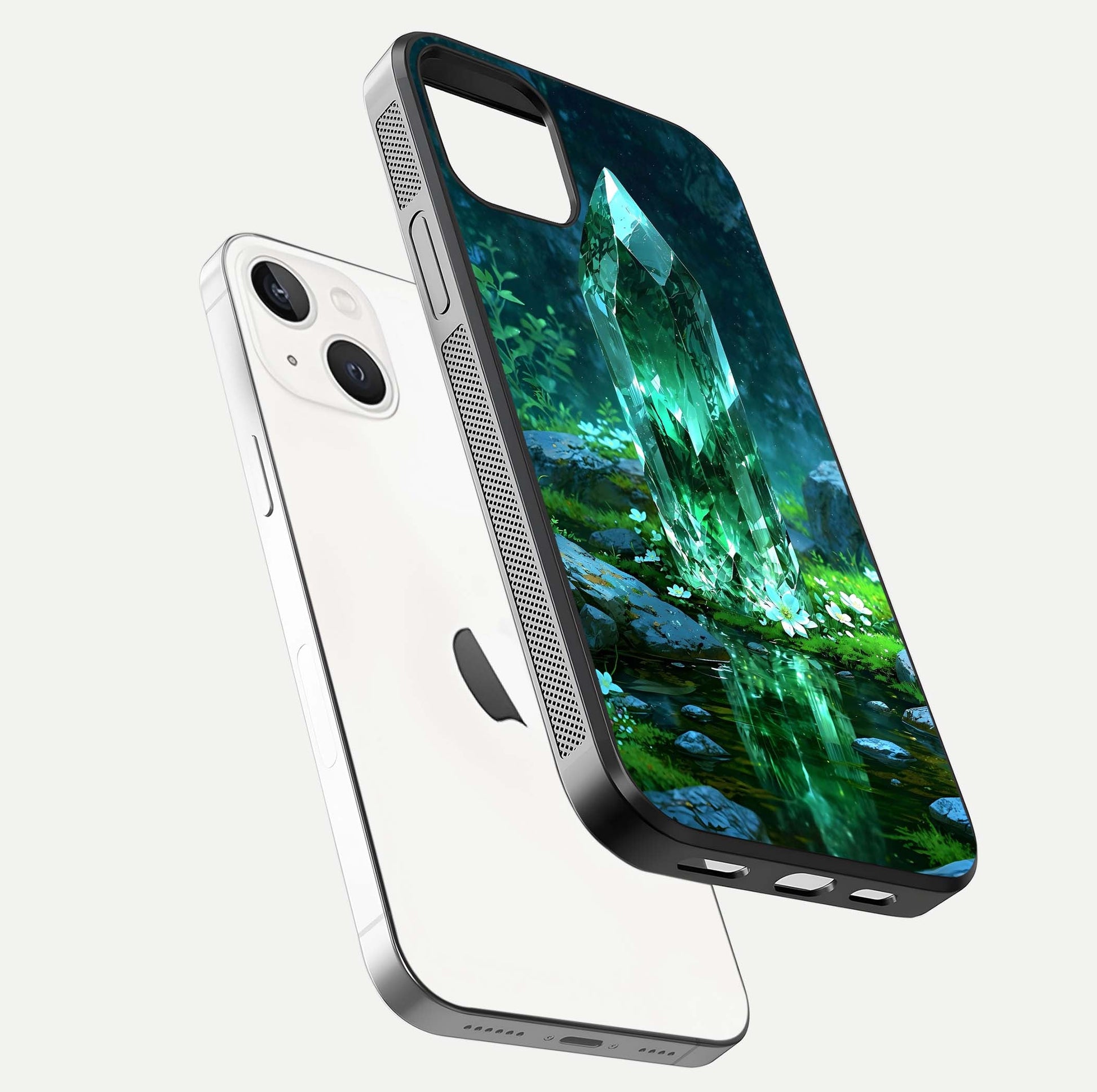 Emerald Light Crystal Glass Case for iPhone 14 floating mockup showing glossy finish and radiant light pattern