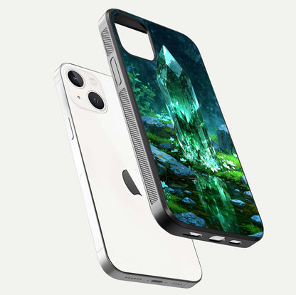 Emerald Light Crystal Glass Case for iPhone 14 floating mockup showing glossy finish and radiant light pattern