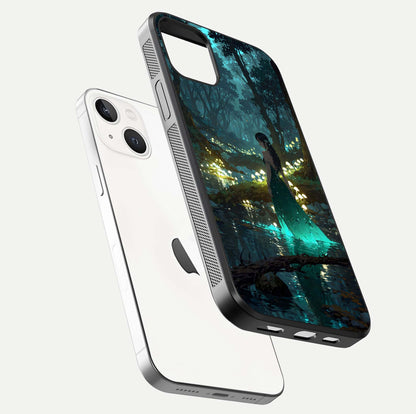 Enchanted Forest Glow Glass Case for iPhone 14 floating mockup showing gloss polish and fantasy vibe