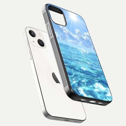 Endless Ocean Horizon Glass Case for iPhone 14 floating mockup showing HD gloss and tranquil color
