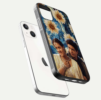 Eternal Love Story Glass Case for iPhone 14 floating mockup showing glossy shine and romantic tone