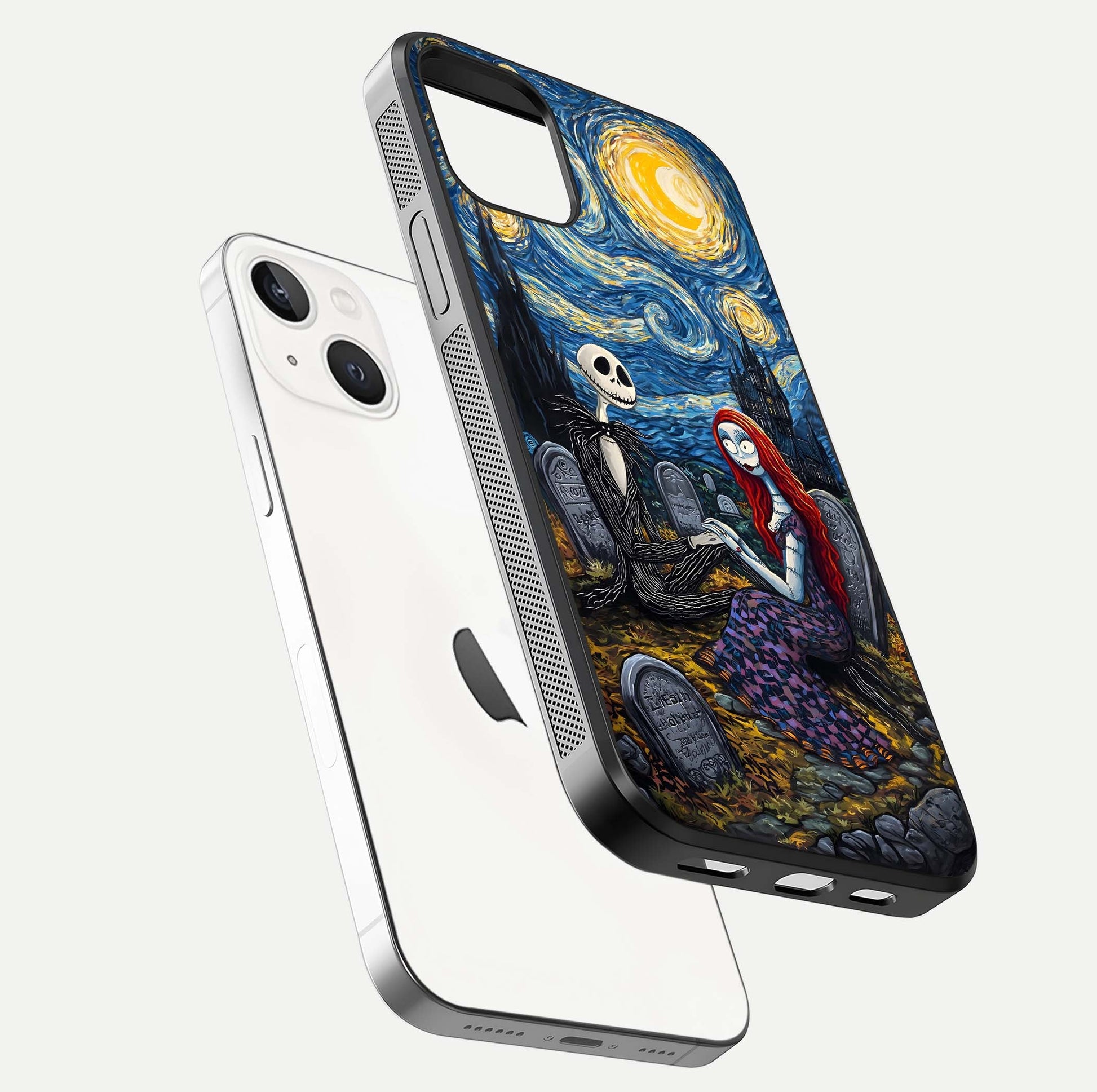 Eternal Night Love Glass Case for iPhone 14 floating mockup showing gloss brightness and romantic vibe