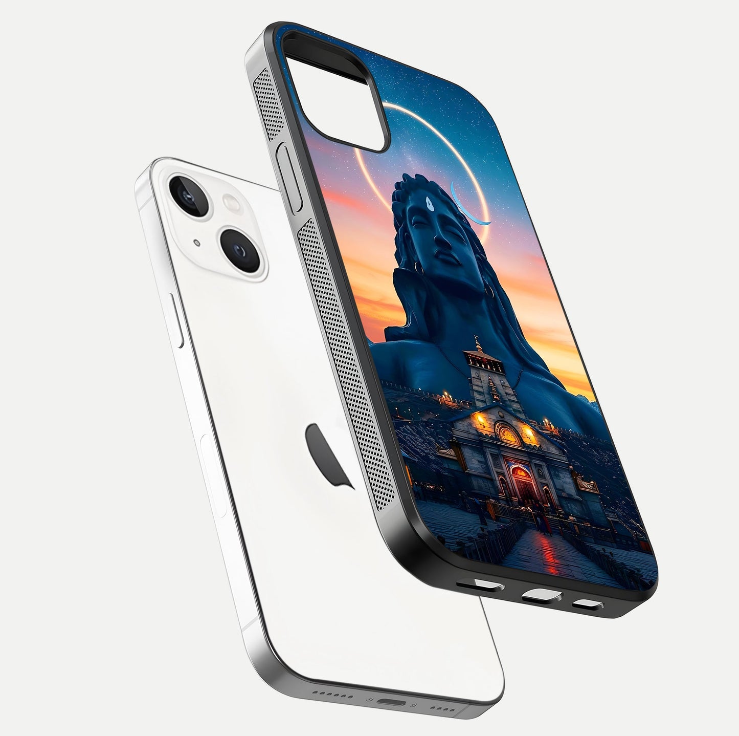 Eternal Shiva Aura Glass Case for iPhone 14 floating mockup showing gloss texture and spiritual glow