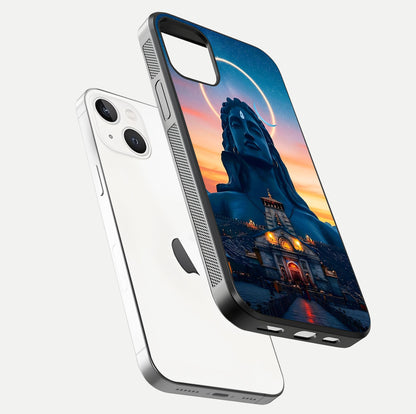 Eternal Shiva Aura Glass Case for iPhone 14 floating mockup showing gloss texture and spiritual glow