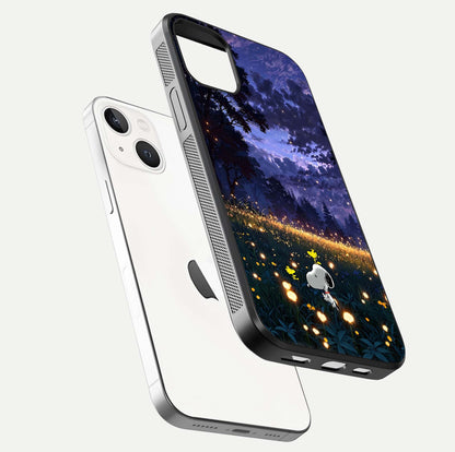 Firefly Meadow Magic Glass Case for iPhone 14 floating mockup showing gloss polish and magical night hues