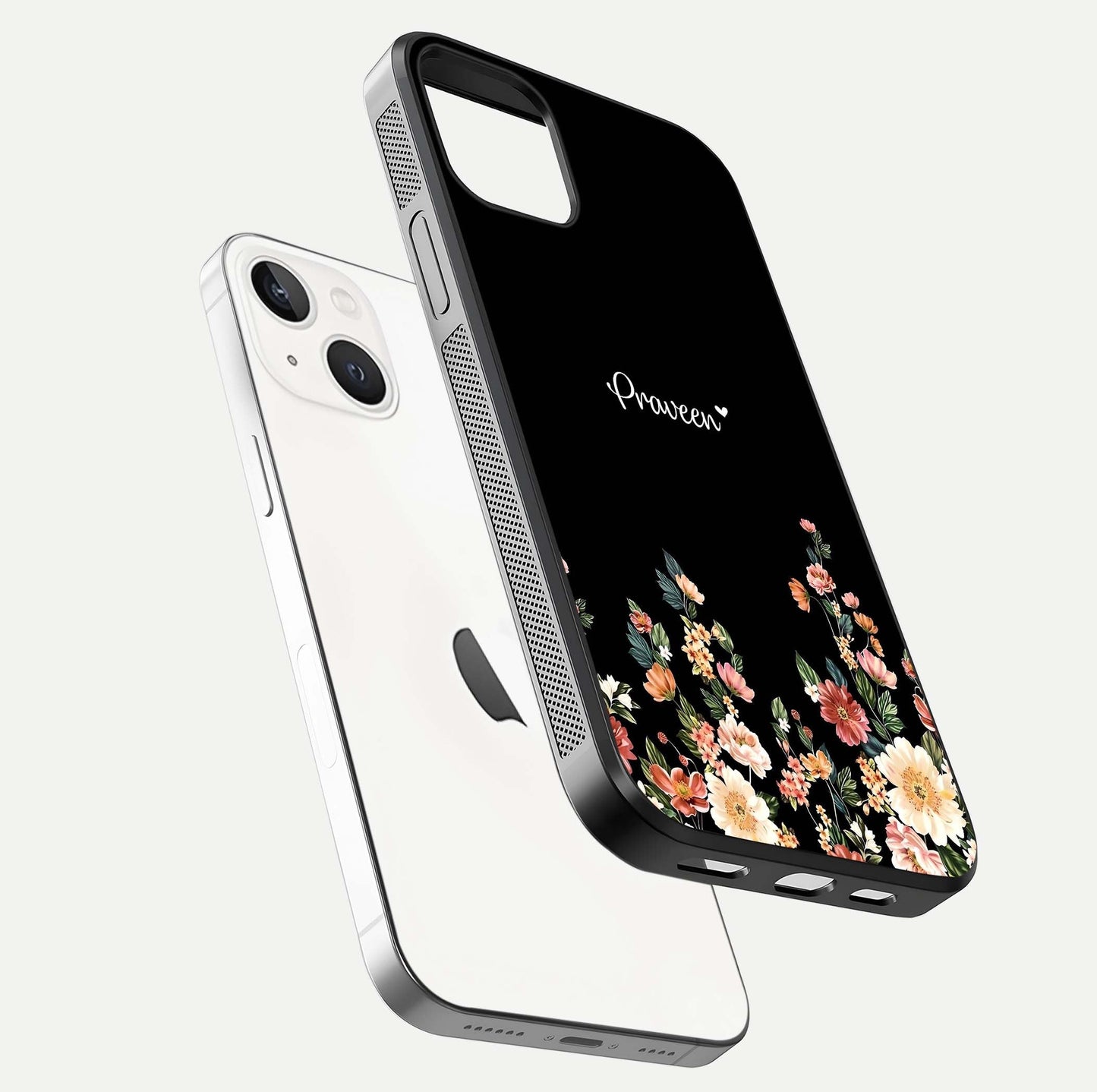 Floral Design Personalized Custom Name Glass Case for iPhone 14 floating mockup showing reflection polish and vivid colors